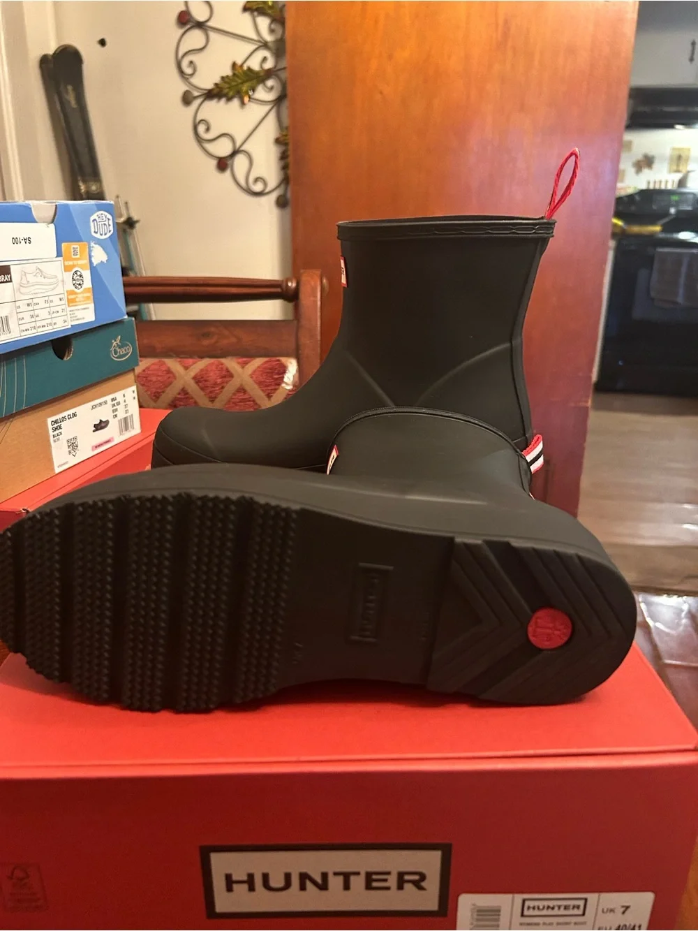 Hunter Matte Black Short Rain Boots with Red-Trim Pull Tabs
